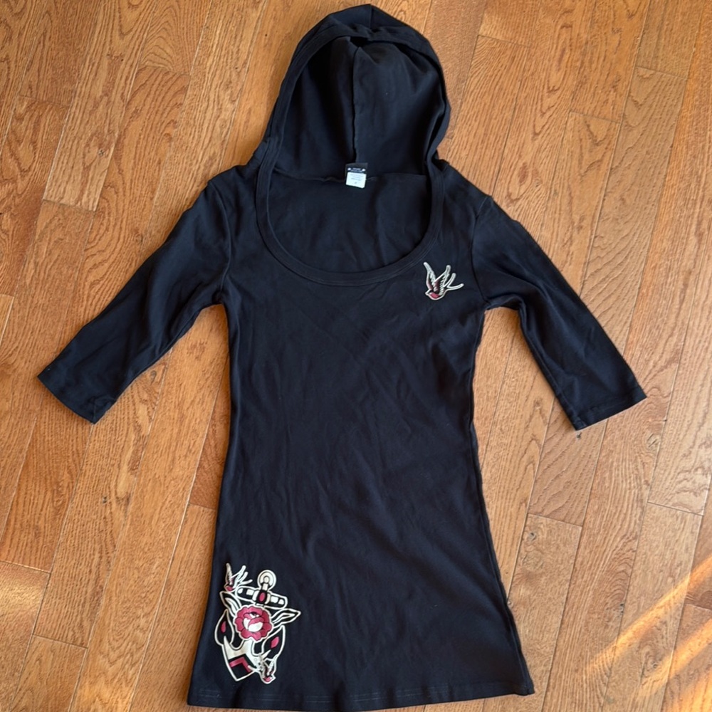 Too Fast Black Hooded Dress with Bird and Anchor
